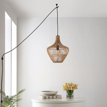 Lucas 13" Farmhouse Coastal Rattan 180" Cord Plug-In or Hardwired LED Pendant - JONATHAN Y